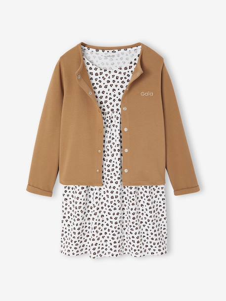 Ensemble fille cardigan et robe imprimée fleurs camel+vert de gris - vertbaudet enfant 