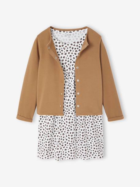 Ensemble fille cardigan et robe imprimée fleurs camel+vert de gris - vertbaudet enfant 