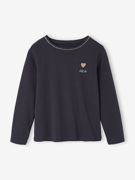 T-shirt fille coeur pailleté manches longues anthracite+corail+écru+rose poudré+vert émeraude - vertbaudet enfant 