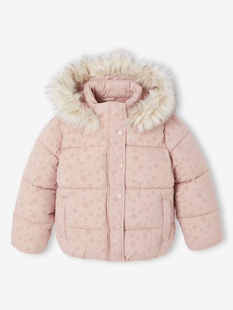 Doudoune à capuche fille doublée maille polaire anthracite+or+rose poudré - vertbaudet enfant 