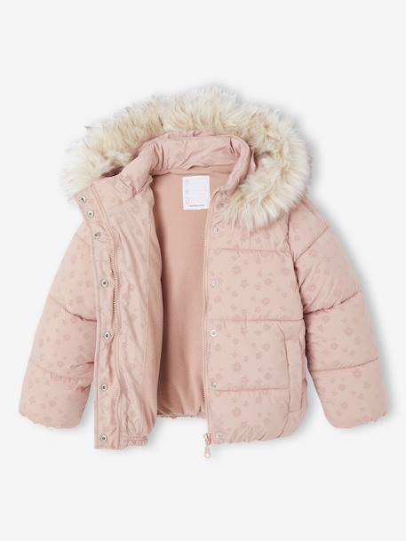 Doudoune à capuche fille doublée maille polaire anthracite+or+rose poudré - vertbaudet enfant 