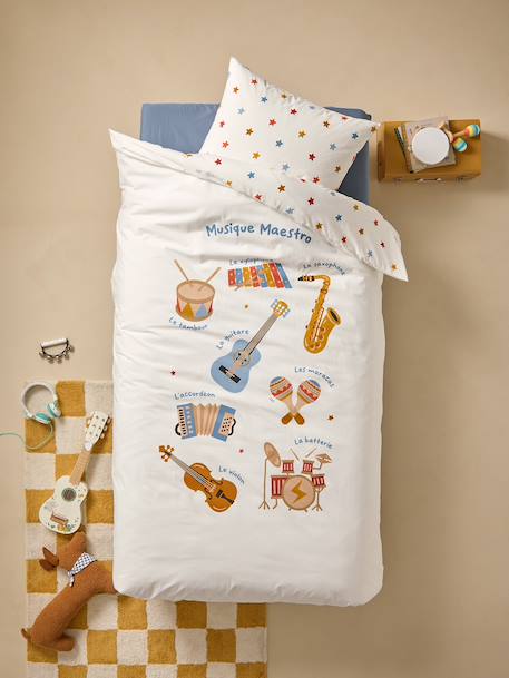 Parure housse de couette + taie d'oreiller enfant MUSIQUE LEXIQUE avec coton recyclé blanc imprimé - vertbaudet enfant 