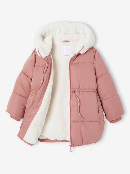 Long Hooded Padded Jacket for Girls khaki+old rose - vertbaudet enfant 