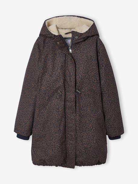 Leopard Print Parka with Sherpa Lining for Girls, JONEN navy blue - vertbaudet enfant 
