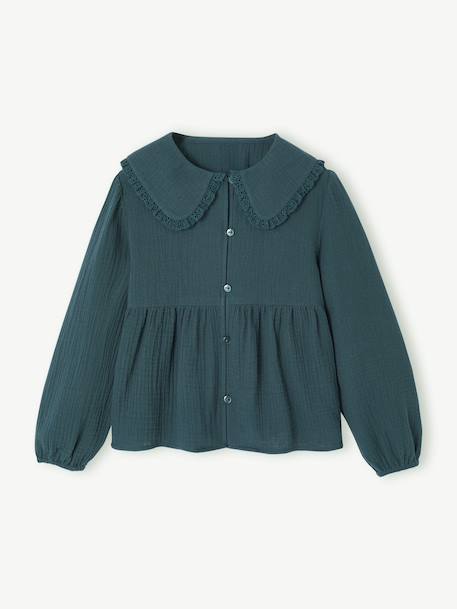 Chemise fille gaze de coton col brodé vert émeraude - vertbaudet enfant 
