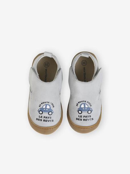 Indoor Shoes in Smooth Leather with Hook-&-Loop Strap, for Babies brown+indigo+pale blue+printed blue - vertbaudet enfant 