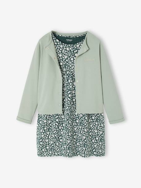 Ensemble fille cardigan et robe imprimée fleurs camel+vert de gris - vertbaudet enfant 