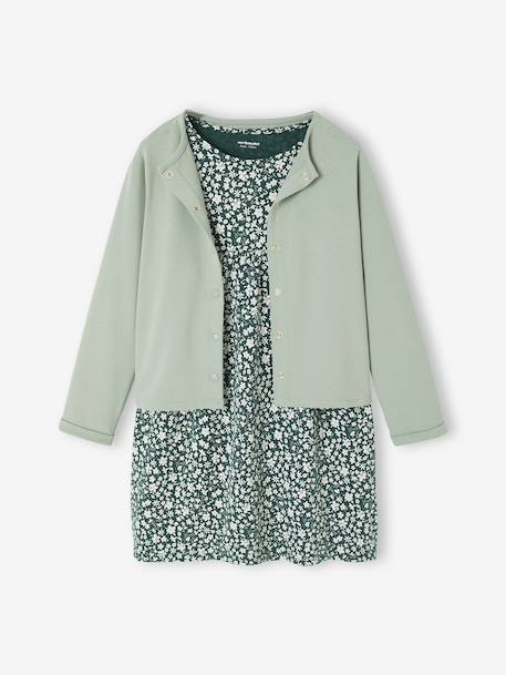 Ensemble fille cardigan et robe imprimée fleurs camel+vert de gris - vertbaudet enfant 