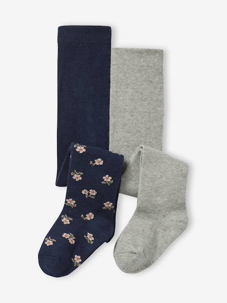 Lot 2 collants bébé fille uni et motifs fleurs bleu nuit - vertbaudet enfant 