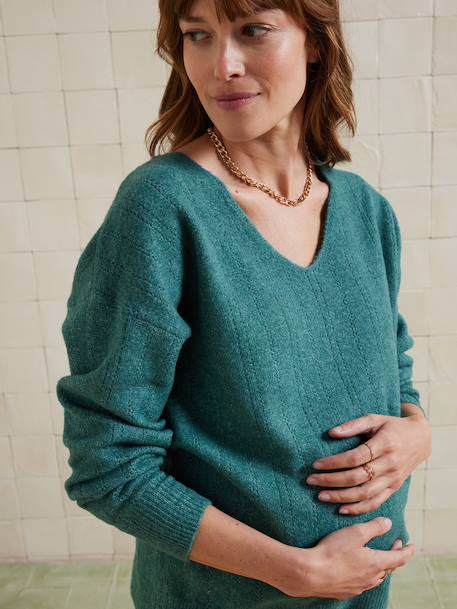 Fancy Fuzzy Knit V-Neck Jumper for Maternity English green+pomegranate - vertbaudet enfant 