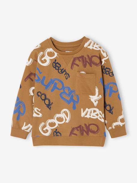 Tee-shirt garçon effet sweat imprimé blanc chiné+écru+lichen+noix de pécan - vertbaudet enfant 