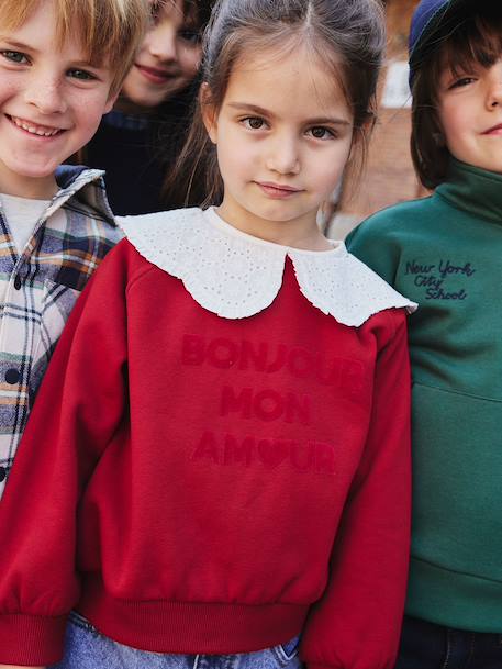 Sweat fille col claudine broderie anglaise écru+gris chiné+mauve+rose pâle+rouge - vertbaudet enfant 