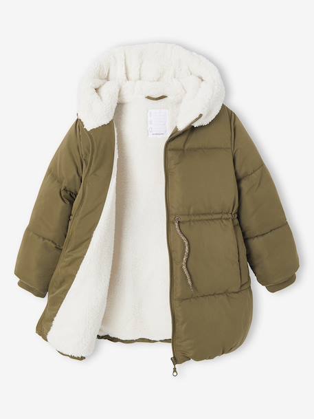 Long Hooded Padded Jacket for Girls khaki+old rose - vertbaudet enfant 