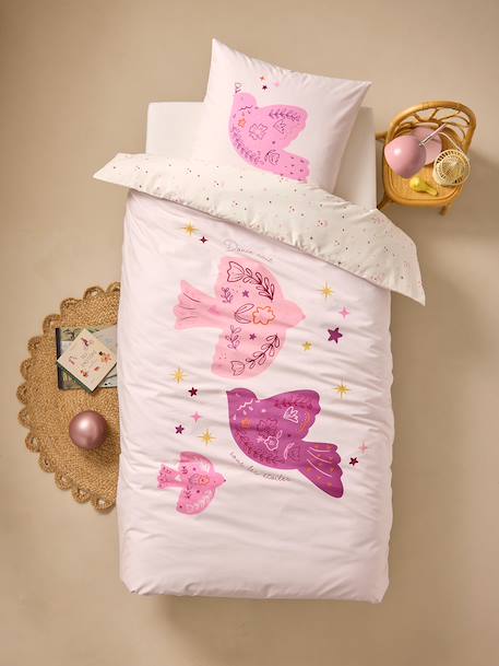 Reversible BIRDY duvet cover set + pillowcase for children, made with recycled cotton rosy - vertbaudet enfant 