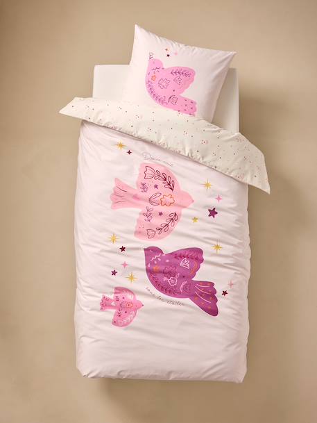 Parure housse de couette + taie d'oreiller enfant réversible BIRDY, avec coton recyclé rose poudré - vertbaudet enfant 