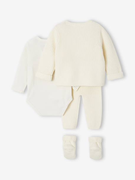 Set of 4 Plain Knit Items for Newborns: Cardigan + Trousers + Booties + Bodysuit ecru - vertbaudet enfant 