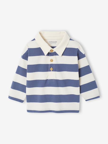 Striped long-sleeved baby polo shirt cocoa+grey blue - vertbaudet enfant 