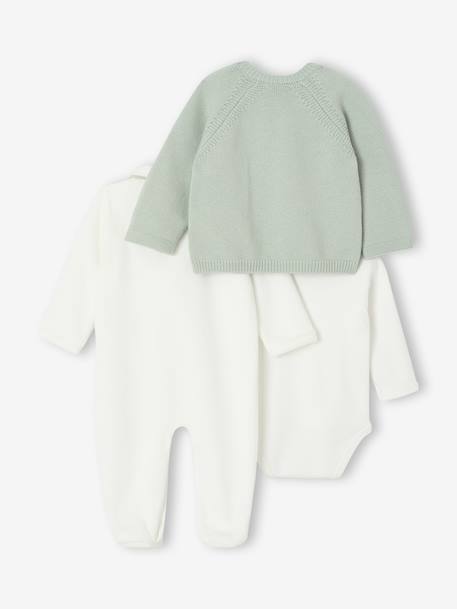 Set of 3 Plain Knit Items for Newborns: Cardigan + Sleepsuit + Bodysuit sage green - vertbaudet enfant 