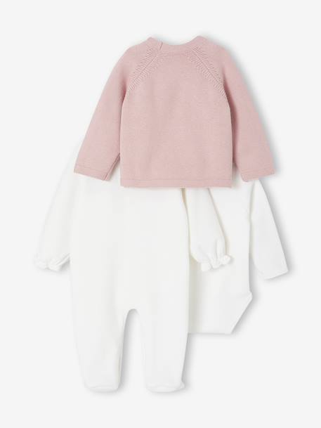 3-Piece Set for Newborns: Plain Knit Cardigan + Sleepsuit + Bodysuit rose - vertbaudet enfant 