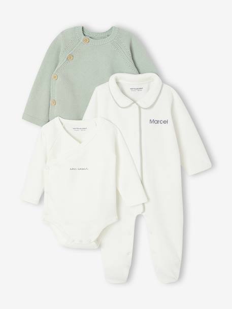 Set of 3 Plain Knit Items for Newborns: Cardigan + Sleepsuit + Bodysuit sage green - vertbaudet enfant 