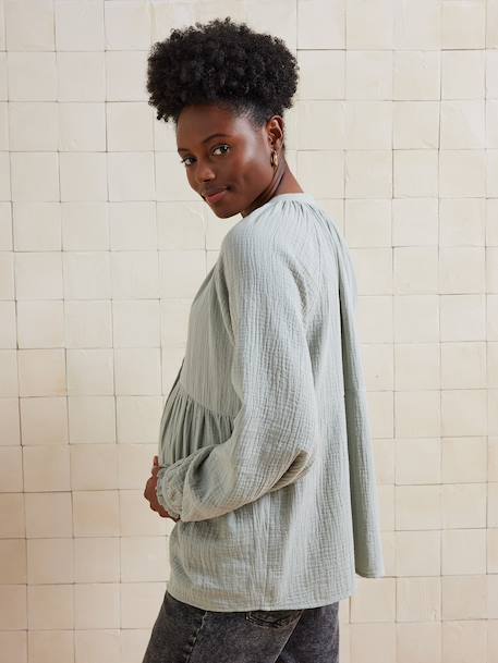 Blouse in Organic Cotton Gauze* for Maternity & Nursing sage green - vertbaudet enfant 