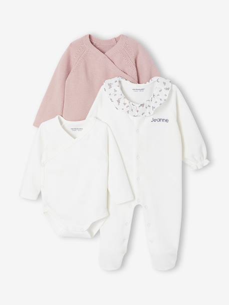 3-Piece Set for Newborns: Plain Knit Cardigan + Sleepsuit + Bodysuit rose - vertbaudet enfant 