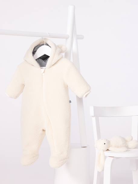 Sherpa pramwsuit for babies with ears and lined in PETIT BATEAU milleraies stripes ecru - vertbaudet enfant 