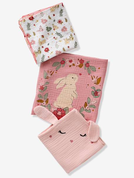 Pack of 3 muslin squares in cotton gauze ENCHANTED RABBIT set pink - vertbaudet enfant 