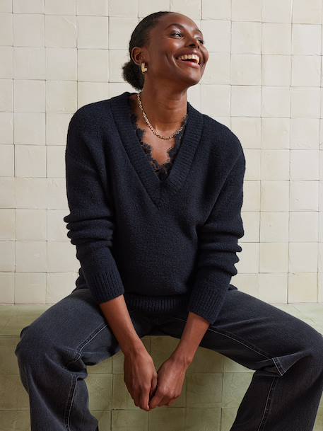V-neck nursing clothes jumper in moss stitch and lace black - vertbaudet enfant 
