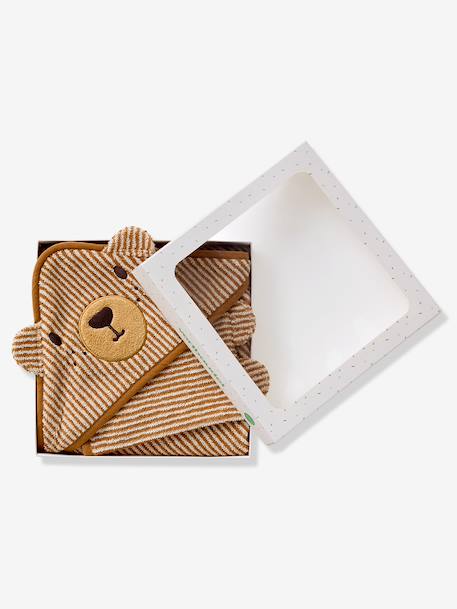 Cape de bain et gant de toilette PETIT OURS, avec coton recylé rayé beige - vertbaudet enfant 