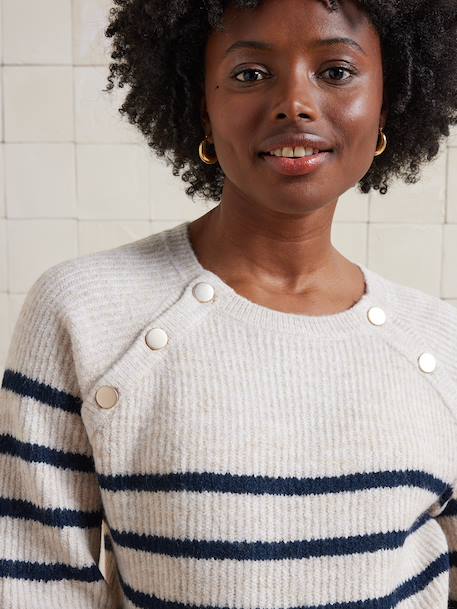 Nautical Style Jumper with Shoulder Openings for Maternity & Nursing marl beige+navy blue - vertbaudet enfant 