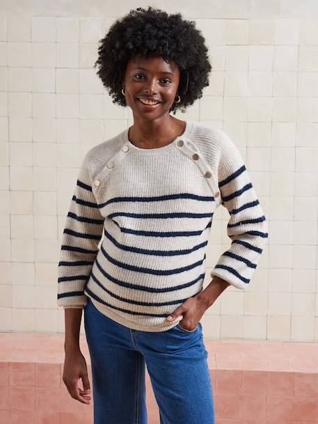 Nautical Style Jumper with Shoulder Openings for Maternity & Nursing marl beige+navy blue - vertbaudet enfant 