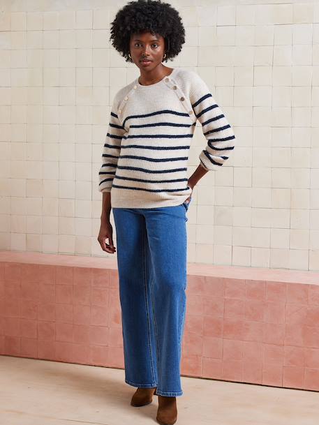 Nautical Style Jumper with Shoulder Openings for Maternity & Nursing marl beige+navy blue - vertbaudet enfant 