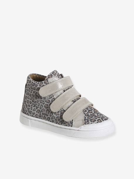 Baskets enfant fille cuir à scratchs beige imprimé+marine+or - vertbaudet enfant 
