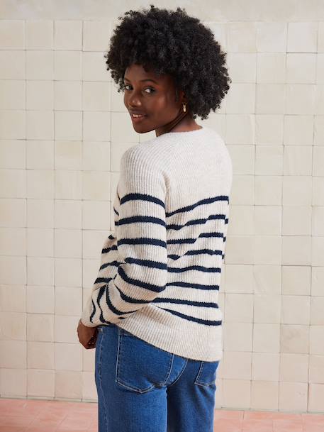 Nautical Style Jumper with Shoulder Openings for Maternity & Nursing marl beige+navy blue - vertbaudet enfant 