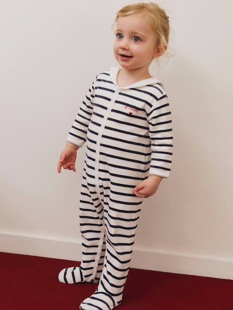 Unisex Pyjamas in Printed Striped Velour for Babies, PETIT BATEAU navy blue - vertbaudet enfant 