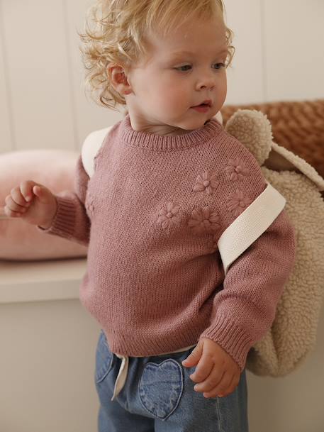 Knitted jumper for babies with embroidered flowers rose - vertbaudet enfant 