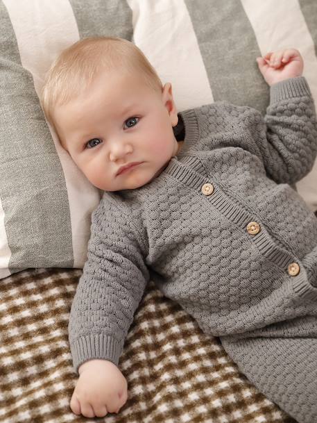 Combinaison naissance en tricot texturé vert de gris - vertbaudet enfant 