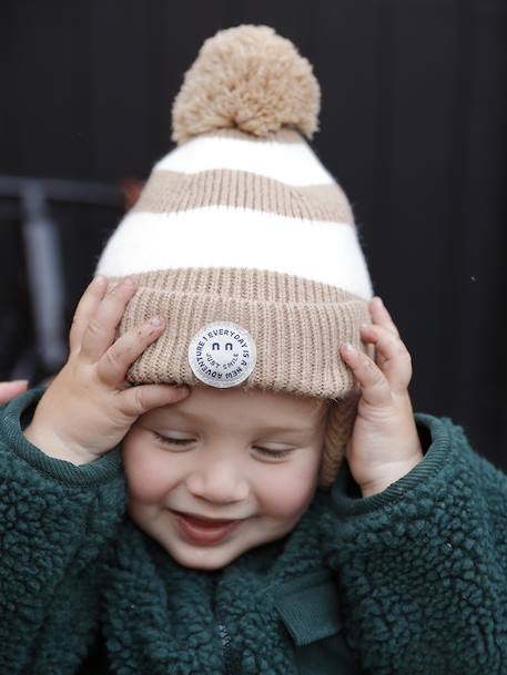 Striped Peruvian beanie, snood and mittens set for babies striped beige - vertbaudet enfant 