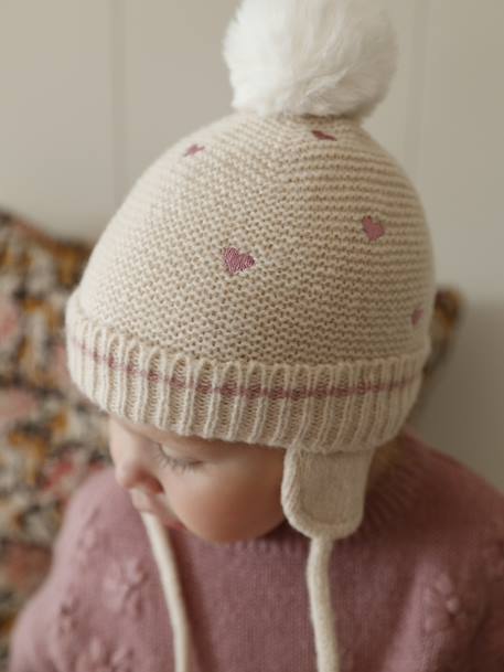Embroidered heart set with beanie, snood and baby mittens golden beige - vertbaudet enfant 