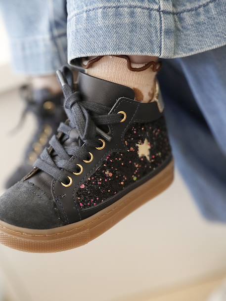 Lace-up and elasticated high-top leather trainers for babies navy blue - vertbaudet enfant 