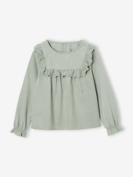 Blouse fille velours à volants détails broderie anglaise rose poudré+vert de gris - vertbaudet enfant 