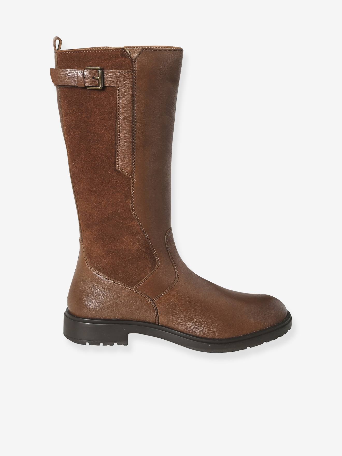 Zipped Leather Riding Boots for Girls - brown, Shoes