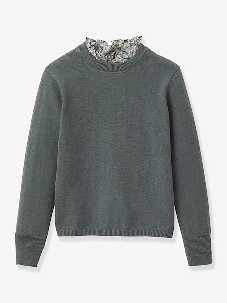 Pull fille col tissu Liberty VERT FONCE UNI - vertbaudet enfant 
