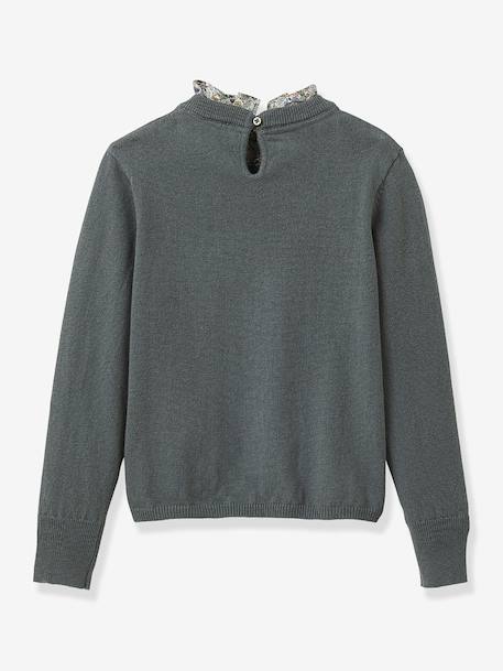 Pull fille col tissu Liberty VERT FONCE UNI - vertbaudet enfant 