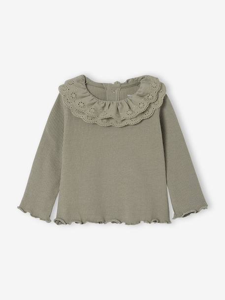 T-shirt bébé manches longues avec collerette brodée écru+kaki - vertbaudet enfant 