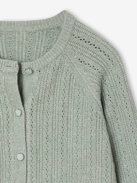 Gilet fille en maille mousseuse ajourée écru+vert sauge - vertbaudet enfant 