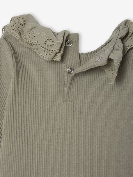 T-shirt bébé manches longues avec collerette brodée écru+kaki - vertbaudet enfant 
