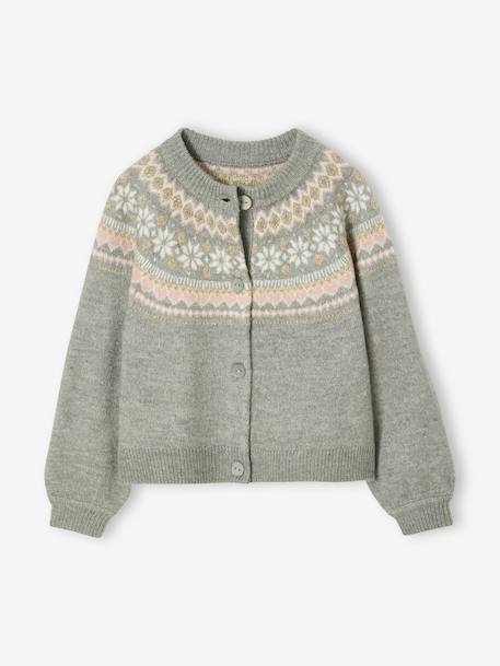 Gilet jacquard fille maille fantaisie fil brillant écru+vert de gris - vertbaudet enfant 