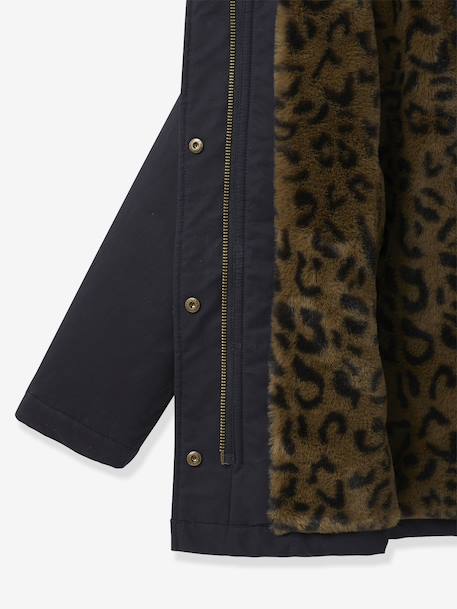 Girl's short parka with leopard lining CYRILLUS ink blue - vertbaudet enfant 